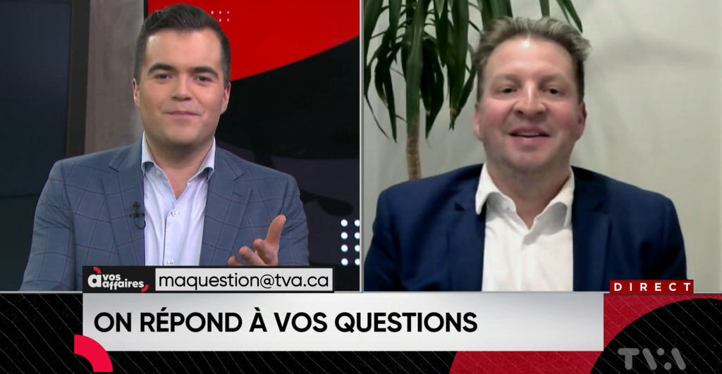 Un journaliste de TVA avec un conseiller de Multi-Prêt abordant le sujet du renouvellement hypothécaire lors d'une entrevue télévisée