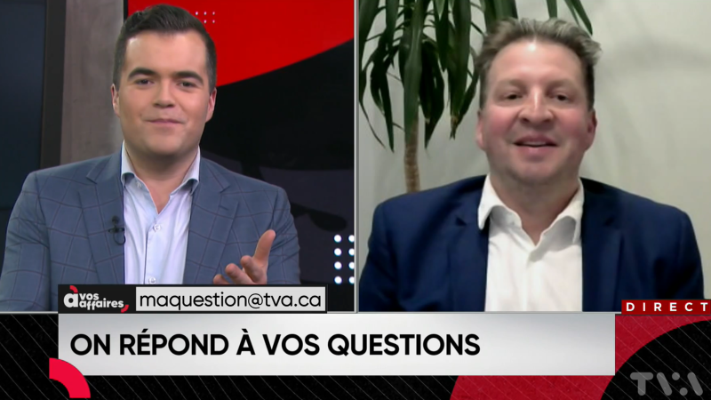 Un journaliste de TVA avec un conseiller de Multi-Prêt abordant le sujet du renouvellement hypothécaire lors d'une entrevue télévisée